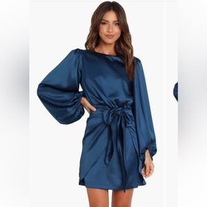 Petal & Pup Opal Tie Waist Long Sleeve Satin Minidress